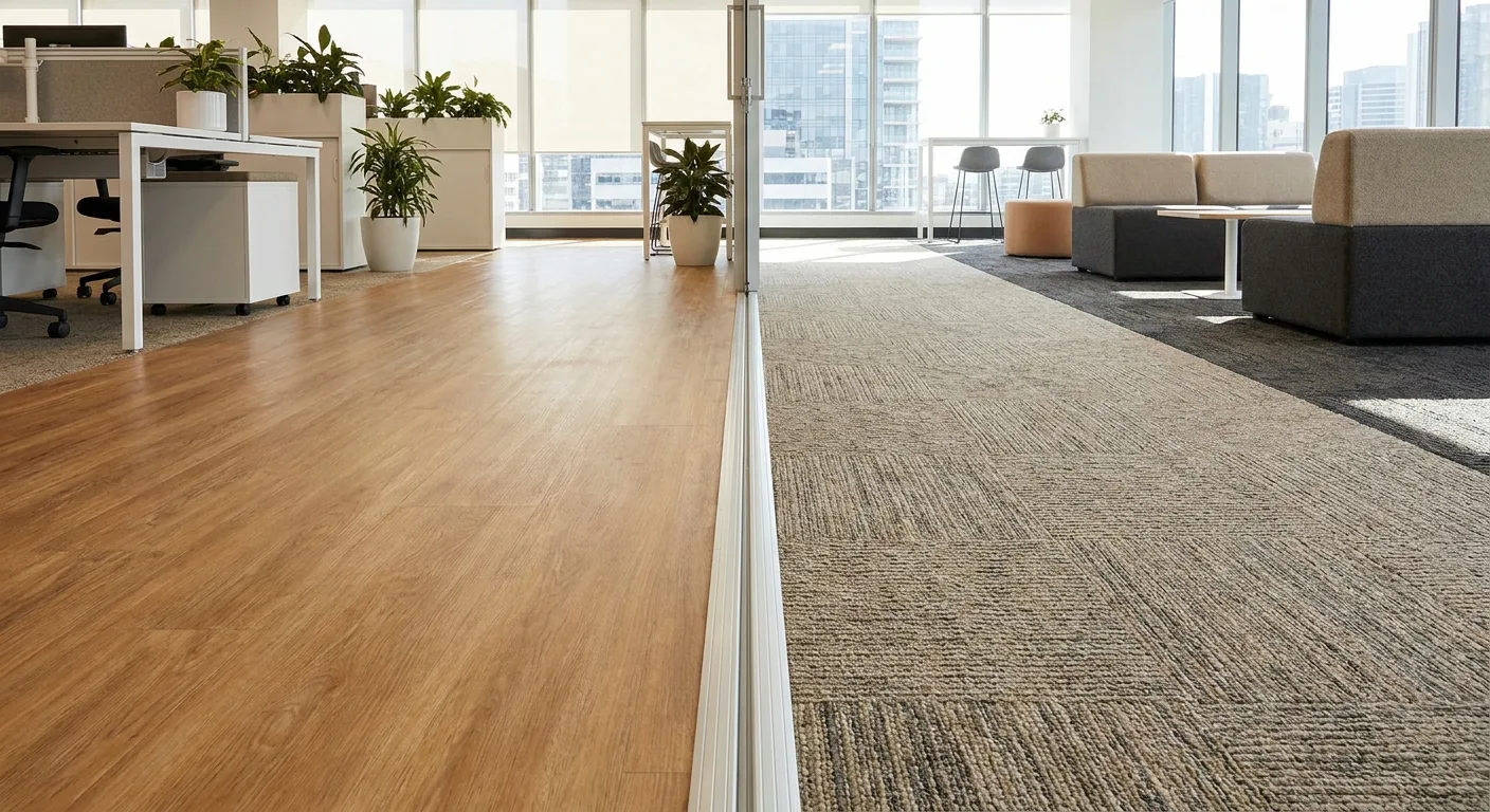 Split view showing luxury vinyl plank flooring on one side and carpet tile on the other in a commercial office