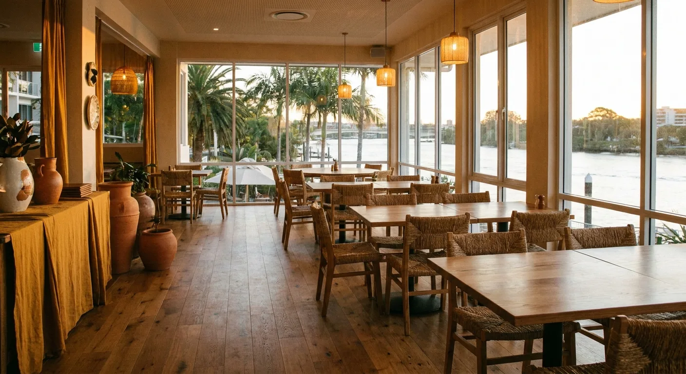 Interior of a modern Brisbane cafe with timber-look vinyl plank flooring and exposed brick walls