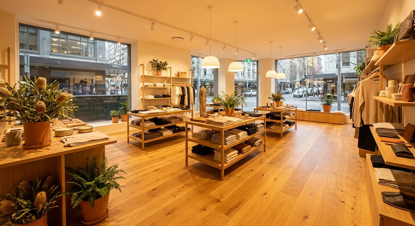 Interior of a modern retail store with warm timber-look luxury vinyl plank flooring
